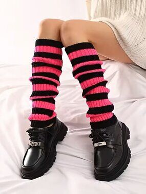 yUNGBLUD sTYle Striped Hot Pink & Black Leg Warmers Boots Style Socks Z273